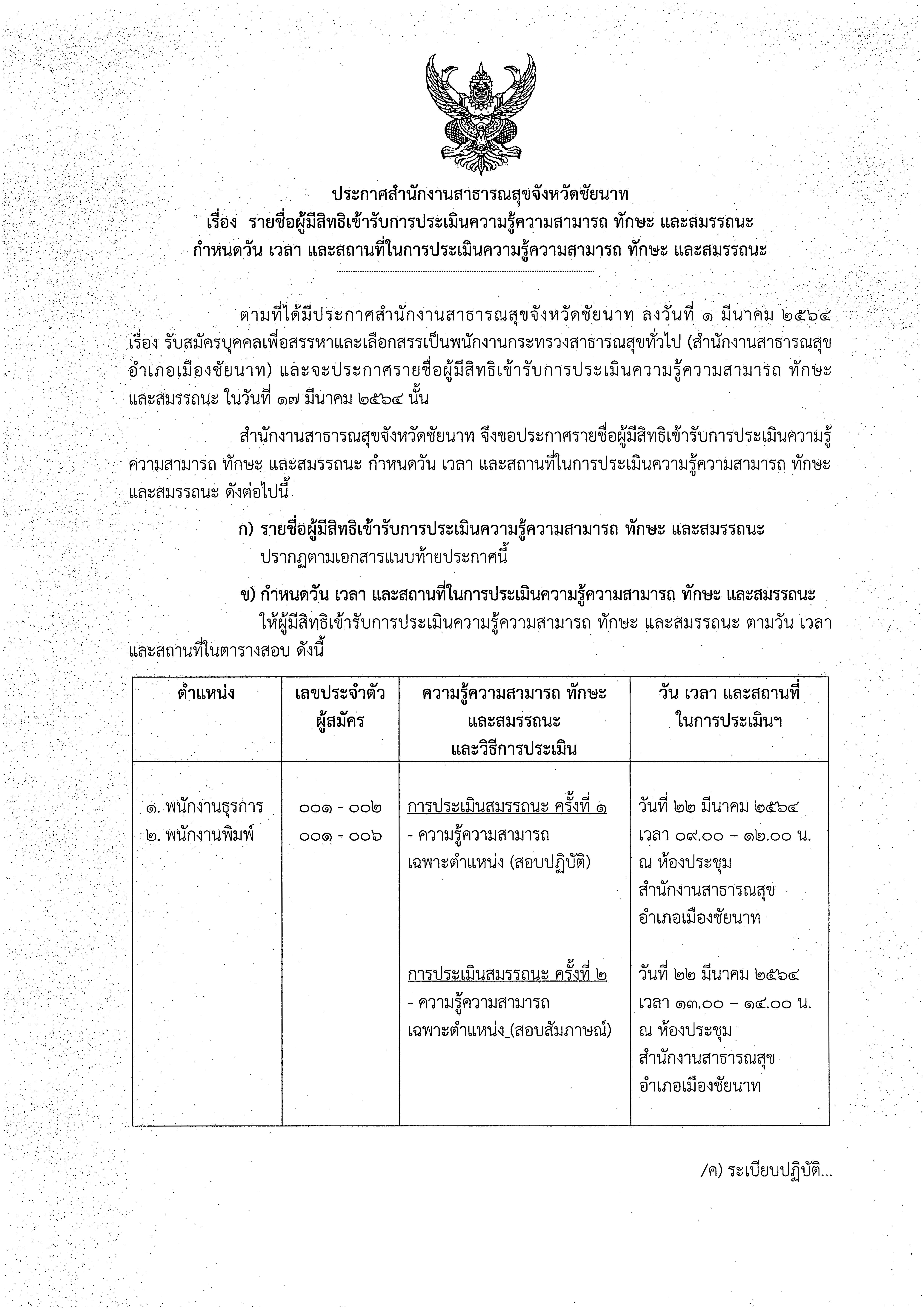 ประกาศรายชื่อผู้มีสิทธิเข้ารับการประเมินความรู้ความสามารถ ทักษะ และสมรรถนะ กำหนดวัน เวลา และสถานที่ในการประเมินความรู้ความสามารถ ทักษะ และสมรรถนะ (สำนักงานสาธารณสุขอำเภอเมืองชัยนาท)